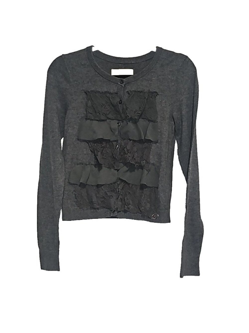 Hollister Lace Ruffle Cardigan Juniors L Gray Coquette Y2K Balletcore Sweater
